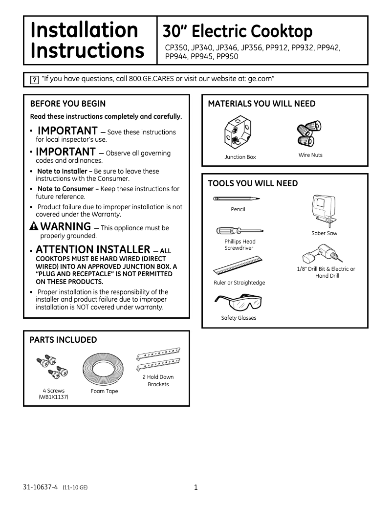 Page n°1 - Guide d'installation GE JP340BJBB
