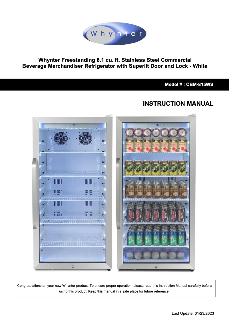 Page 1 de la notice Manuel utilisateur Whynter CBM-815WS