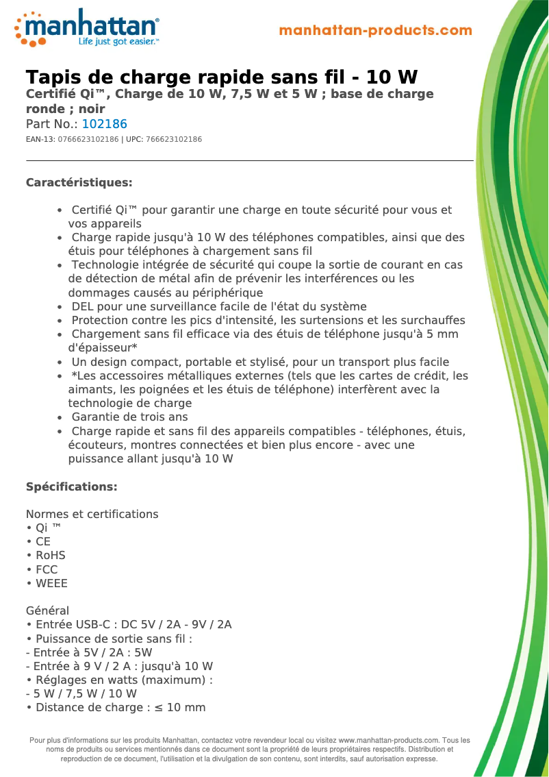 Page 1 de la notice Fiche technique Manhattan 102186