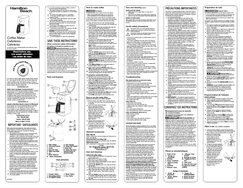 Page n°1 - Manuel d'utilisation et d'entretien Hamilton Beach Ensemble 43253R