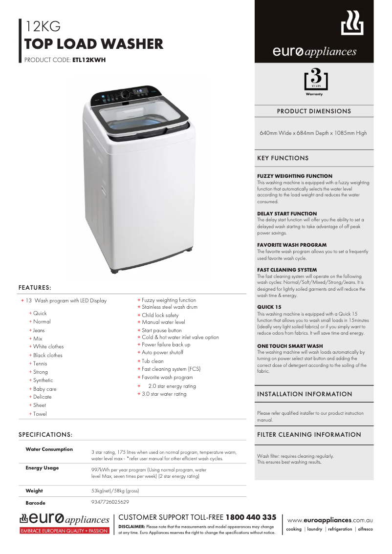 Page 1 de la notice Fiche technique Euro Appliances ETL12KWH