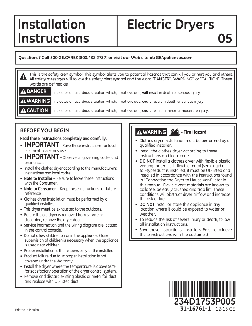 Página 1 del manual Guía de instalación GE GTD86ESPJMC