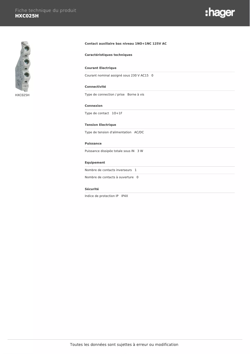 Page 1 de la notice Fiche technique Hager HXC025H