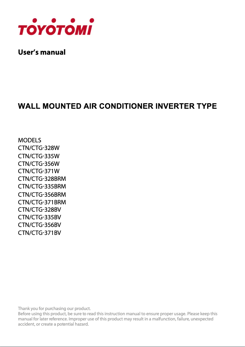Page n°1 - Manuel utilisateur Toyotomi CTN/CTG-328BRM
