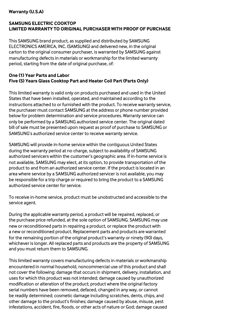 Page 1 de la notice Informations de garantie Samsung NZ30A3060UK