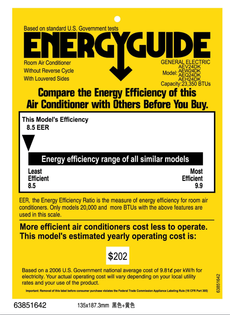 Page 1 de la notice Label énergétique GE AEQ24DK