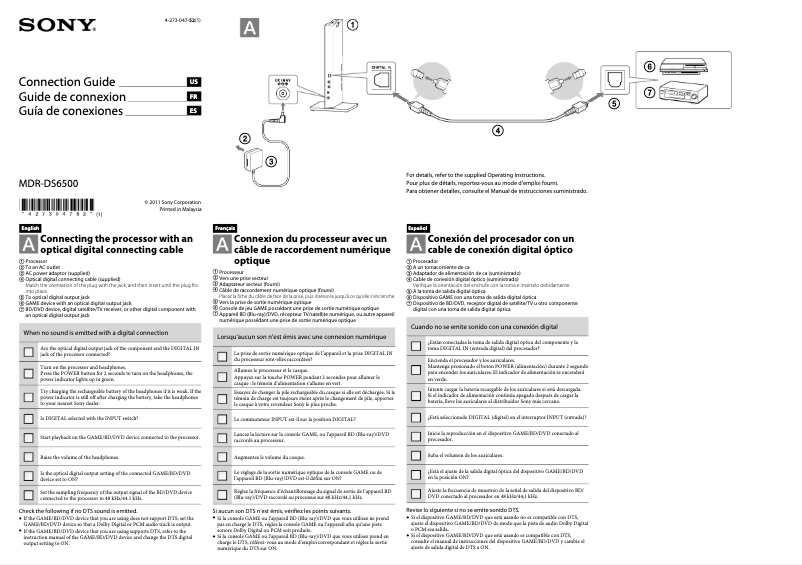 Page 1 de la notice Guide d'installation Sony MDR-DS6500