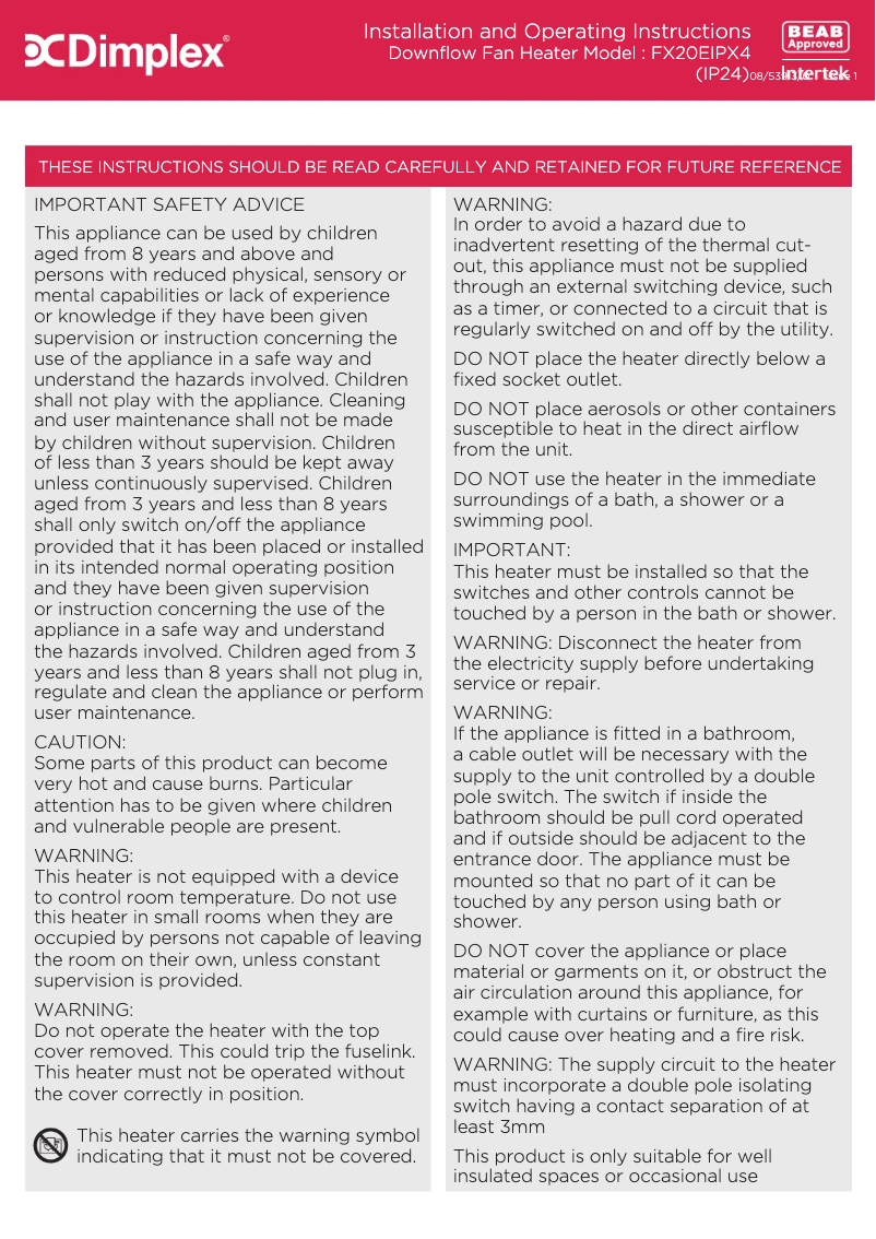 Page 1 de la notice Manuel utilisateur Dimplex FX20EIPX4