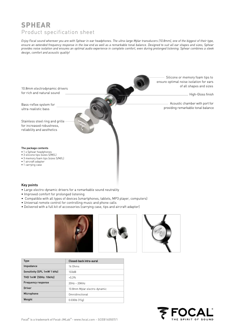 Page 1 de la notice Fiche technique Focal Sphear Wireless