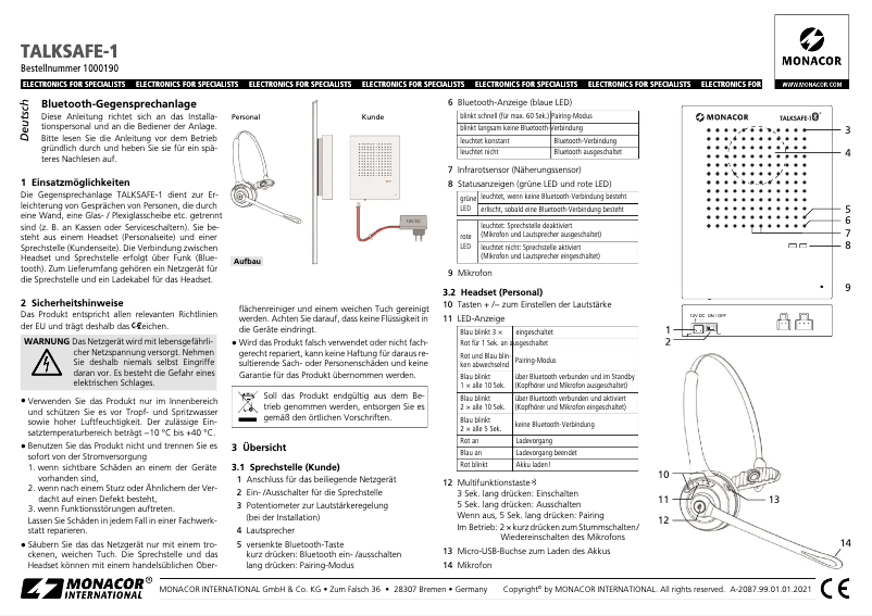 Page 1 de la notice Manuel utilisateur Monacor TALKSAFE-1