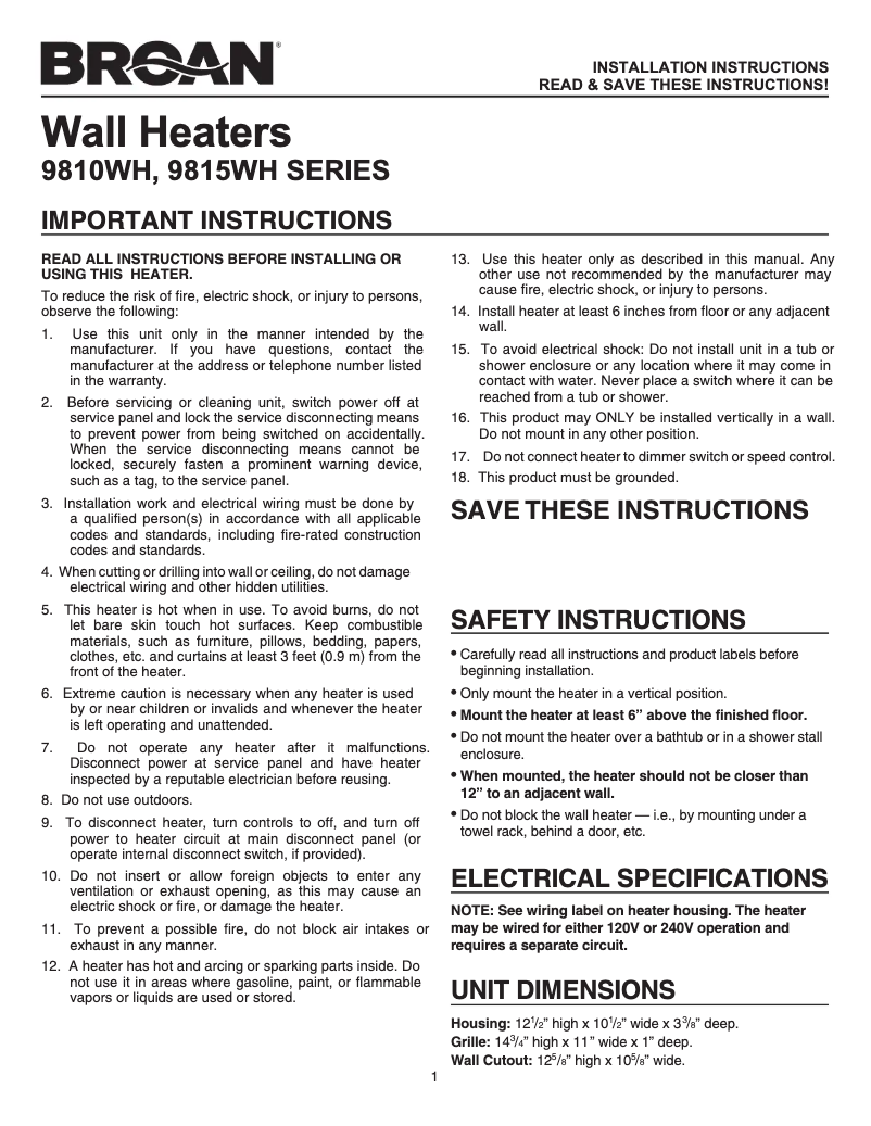 Page n°1 - Guide d'installation Broan 9815WH
