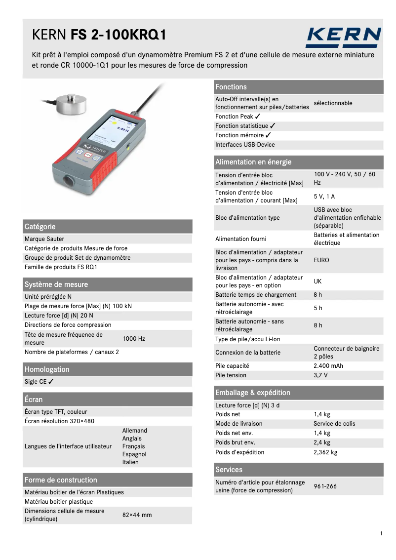 Page n°1 - Fiche technique Kern FS 2-100KRQ1