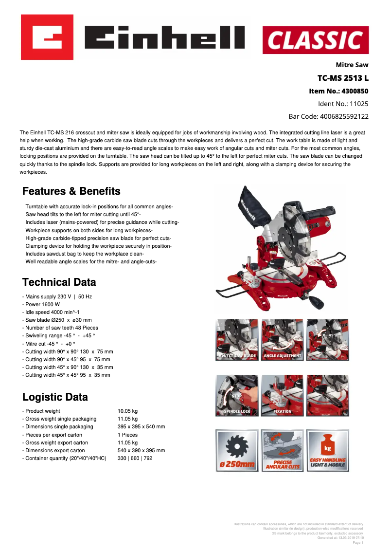 Page 1 de la notice Fiche technique Einhell TC-MS 2513 L