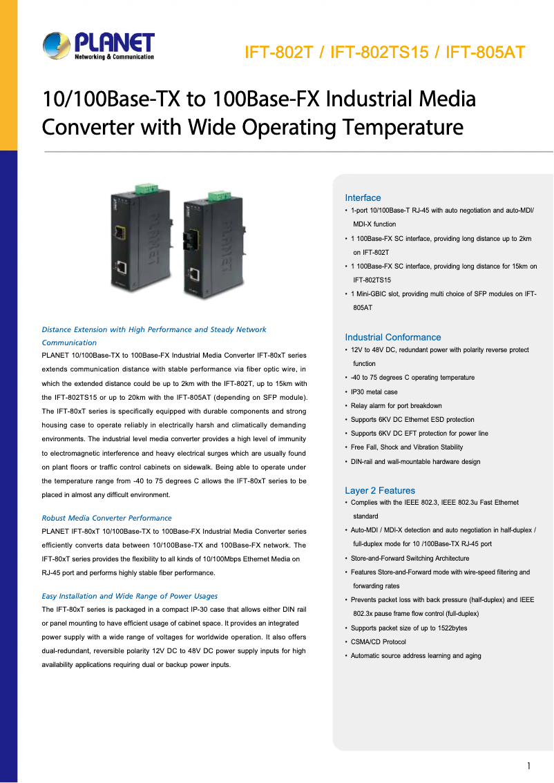 Page 1 de la notice Fiche technique Planet IFT-802TS15