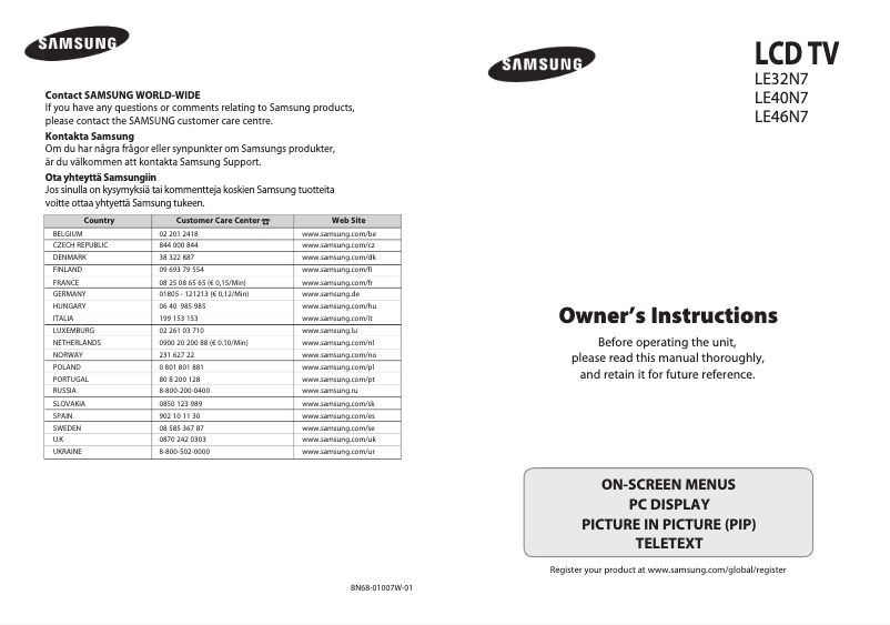 Page 1 de la notice Manuel utilisateur Samsung LE32N73BD