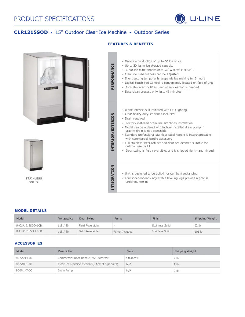 Page n°1 - Fiche technique U-Line U-CLR1215OD40B