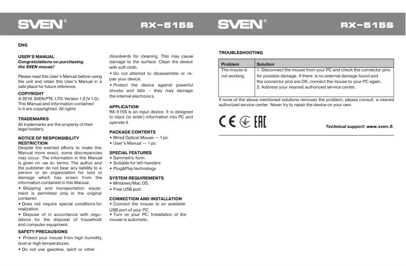 Page 1 de la notice Manuel utilisateur Sven RX-515S
