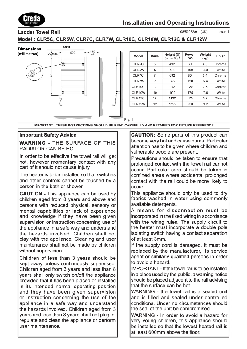 Page 1 de la notice Manuel utilisateur Creda CLR10C