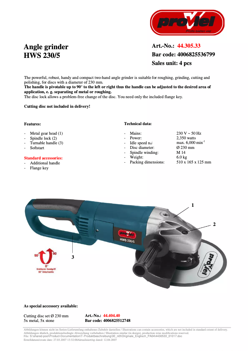 Page n°1 - Manuel utilisateur Proviel HWS 230/5