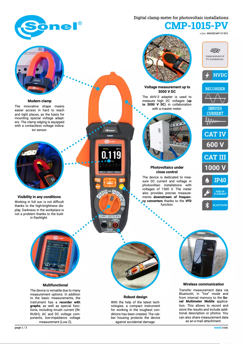 Página 1 del manual Ficha técnica Sonel CMP-1015-PV