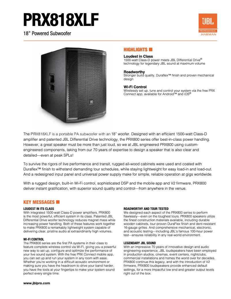 Page 1 de la notice Fiche technique JBL PRX818XLF