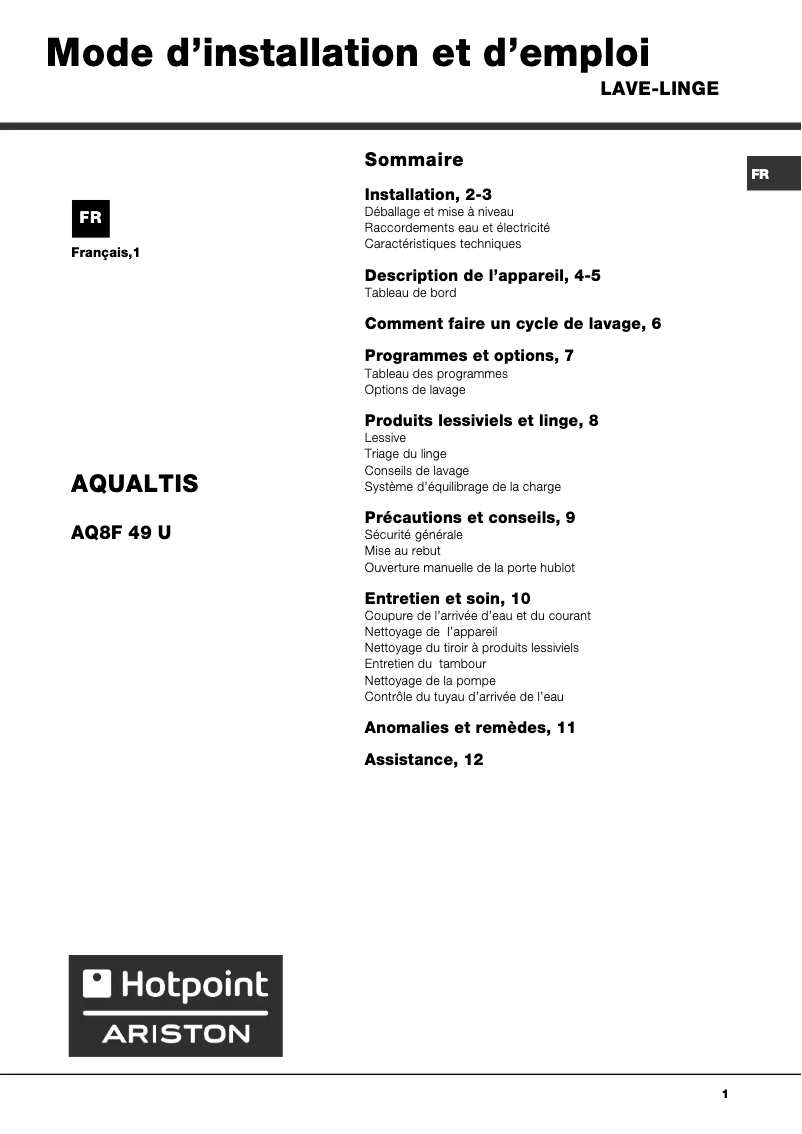 Image de la première page du manuel de l'appareil Aqualtis AQ8F 49 U (FR)