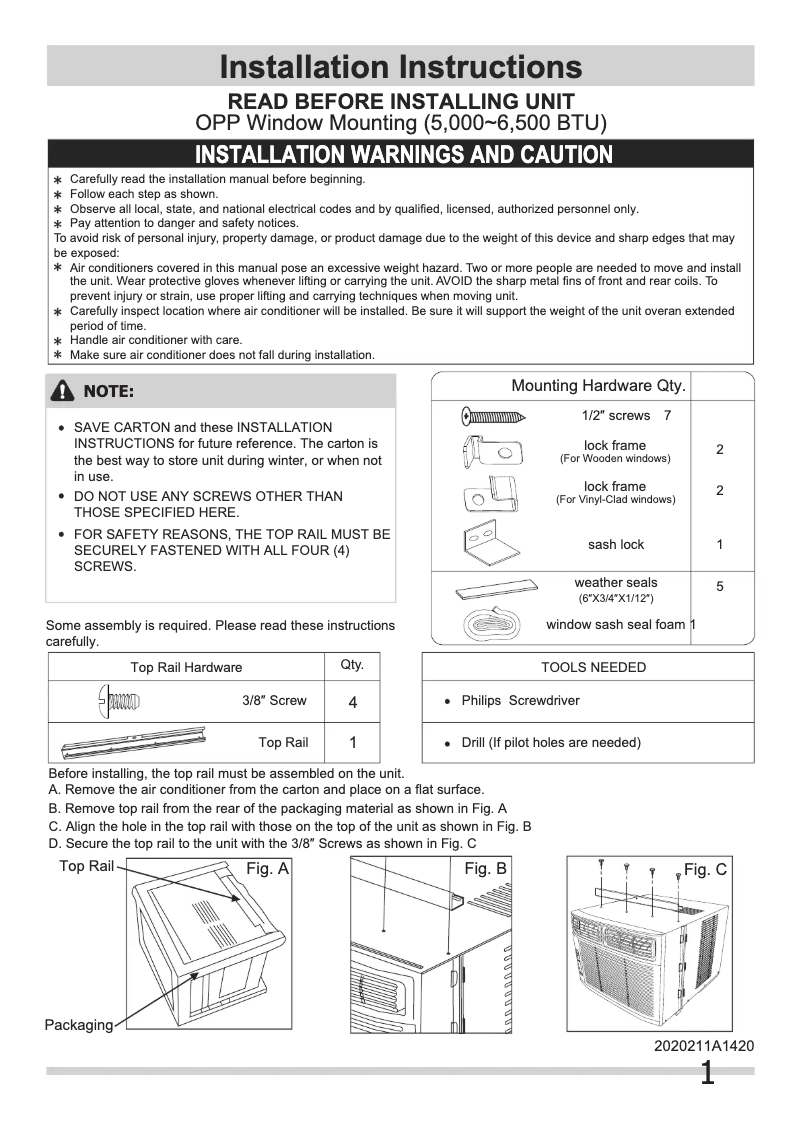 Page 1 de la notice Guide d'installation Frigidaire FRA052XT7