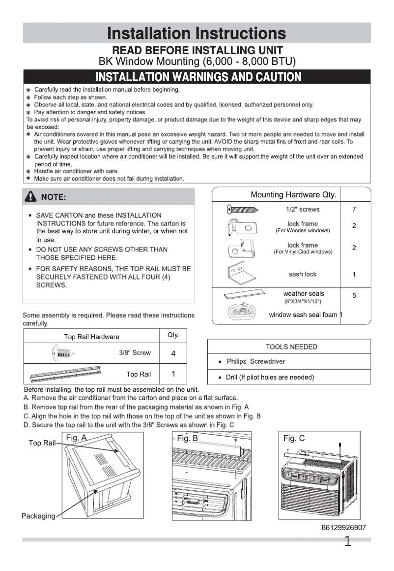 Página 1 del manual Guía de instalación Frigidaire FFRA082ZA1