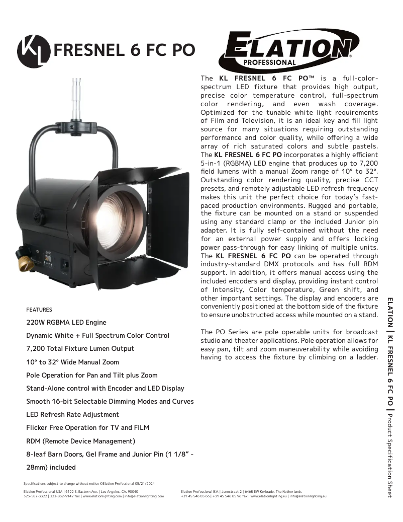 Page 1 de la notice Fiche technique Elation KL Fresnel 6 FC PO
