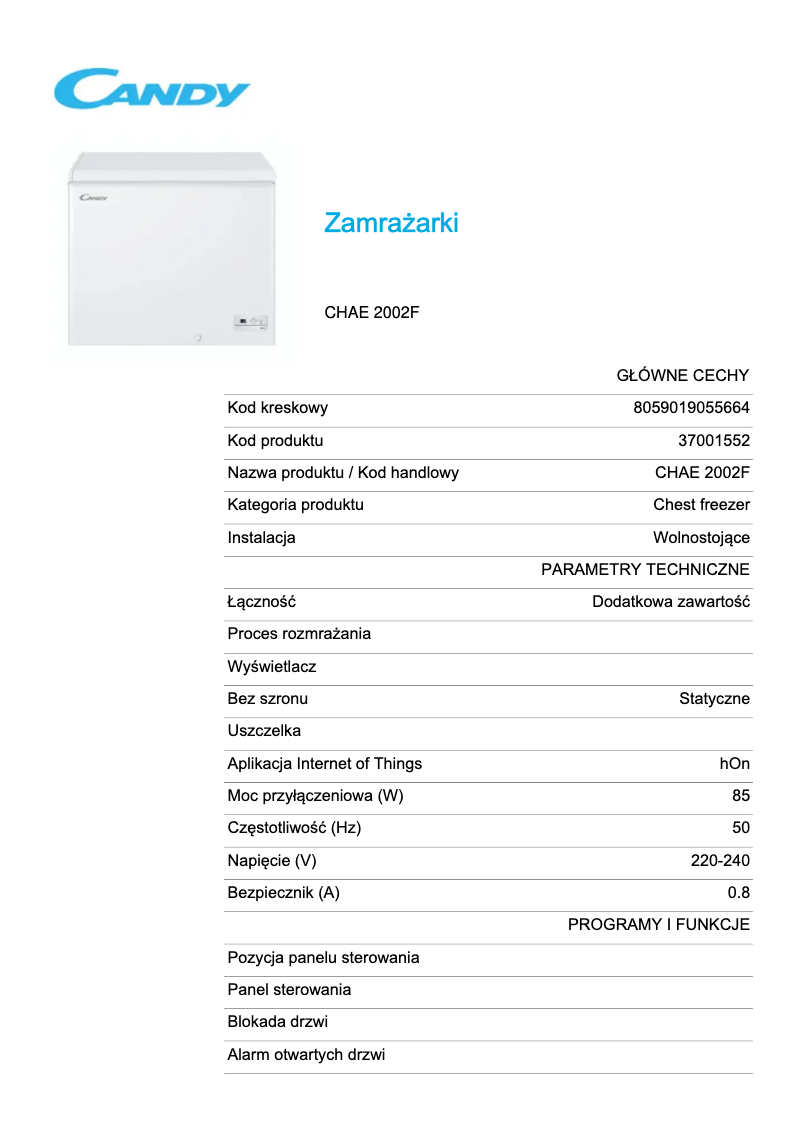 Page 1 de la notice Fiche technique Candy CHAE 2002F