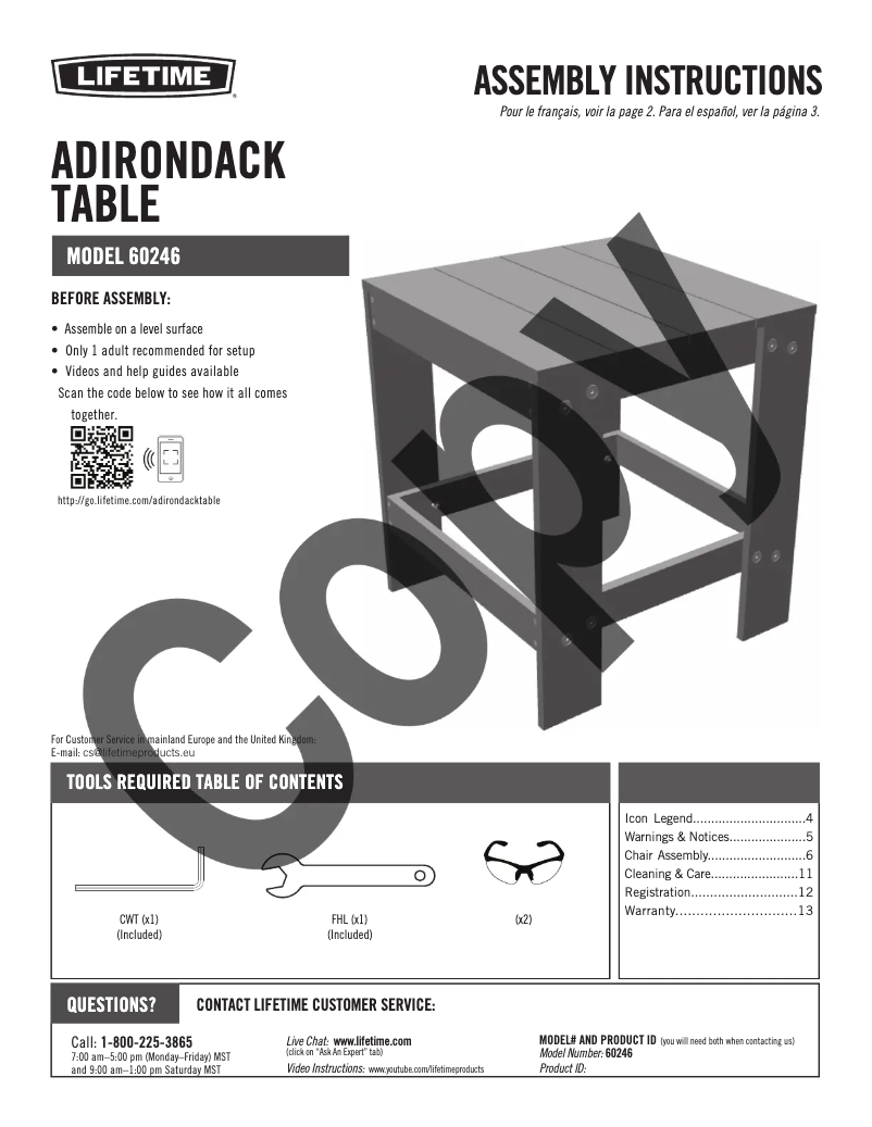 Page 1 de la notice Manuel utilisateur Lifetime 60246