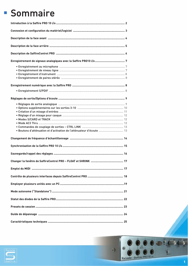 Page 1 de la notice Manuel utilisateur Focusrite Saffire Pro 10 i/o