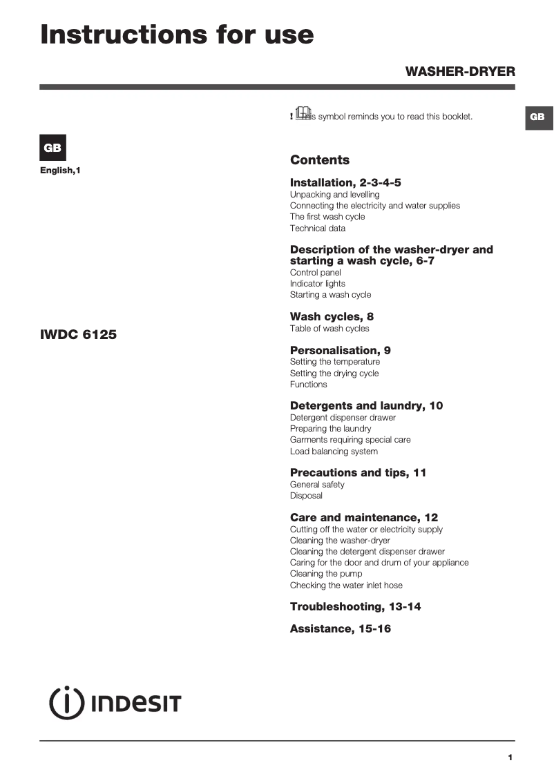 Page n°1 - Mode d'emploi Indesit IWDC 6125 UK