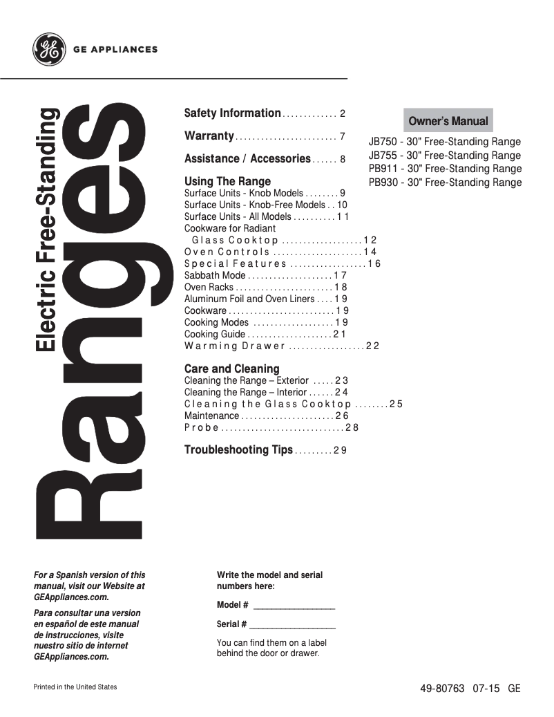 Page n°1 - Manuel utilisateur GE JB750FJDS