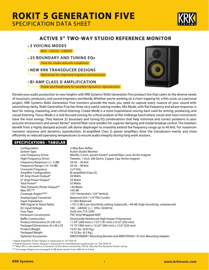 Page 1 de la notice Fiche technique KRK ROKIT G5