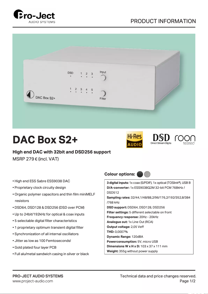 Page 1 of the manual Technical Sheet Pro-Ject DAC Box S2 +