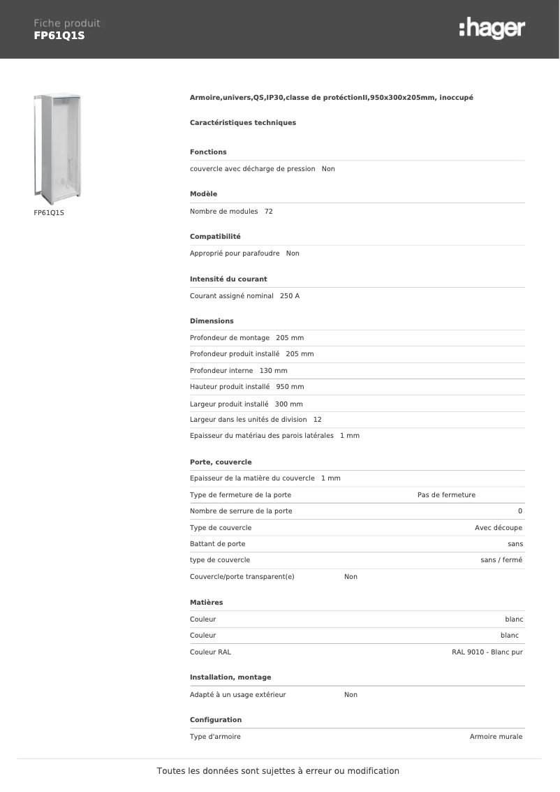 Page 1 de la notice Manuel utilisateur Hager FP61Q1S