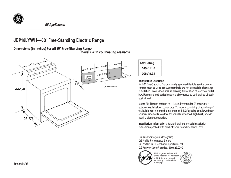 Page 1 de la notice Fiche technique GE JBP18LYWH