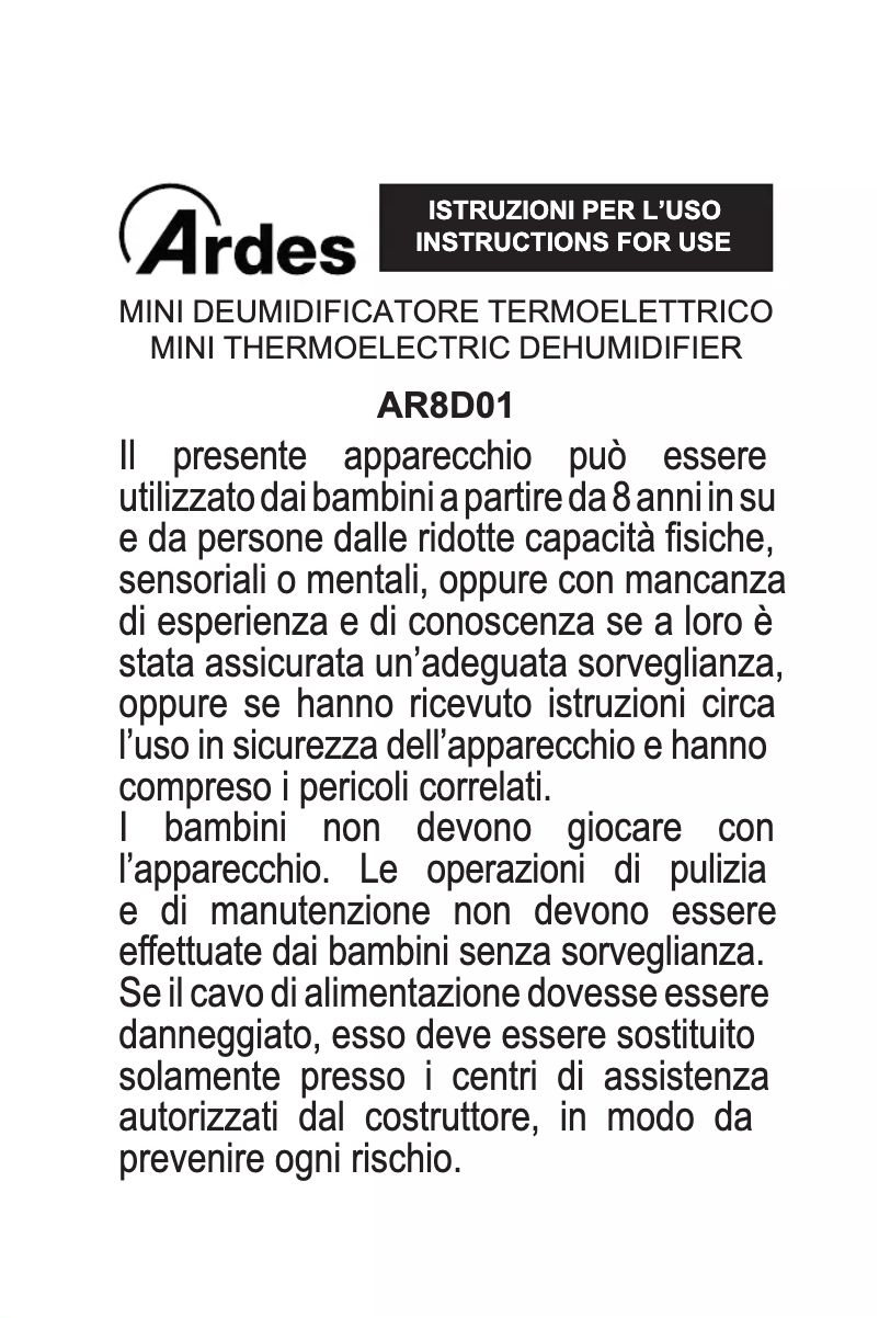 Page 1 de la notice Manuel utilisateur Ardes AR8D01