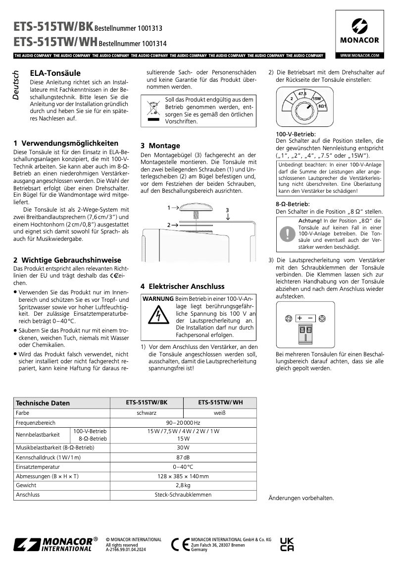 Page 1 de la notice Manuel utilisateur Monacor ETS-515TW