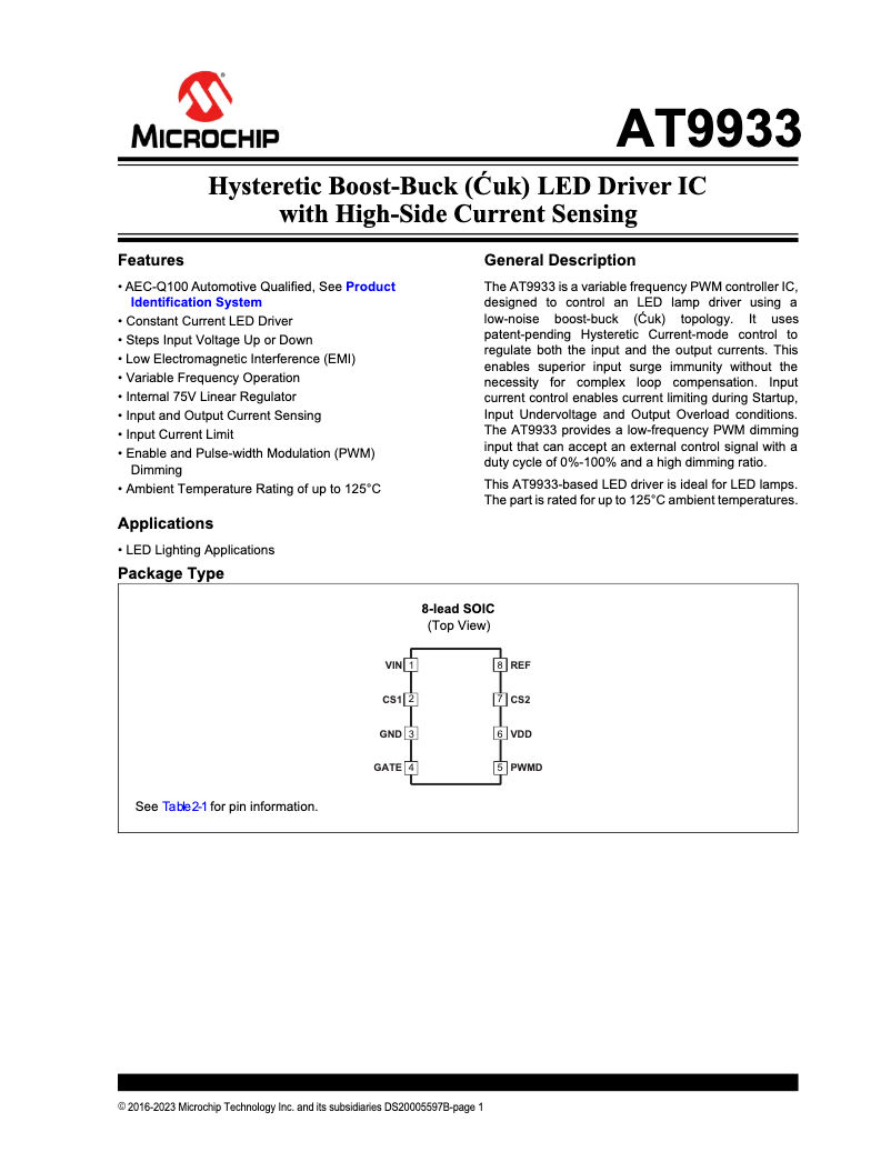 Page 1 de la notice Fiche technique Microchip AT9933
