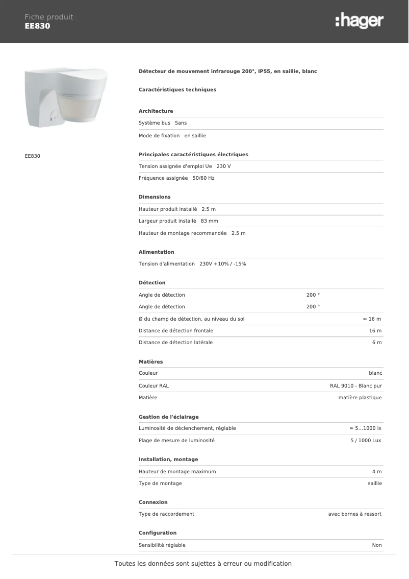 Page 1 de la notice Fiche technique Hager EE830