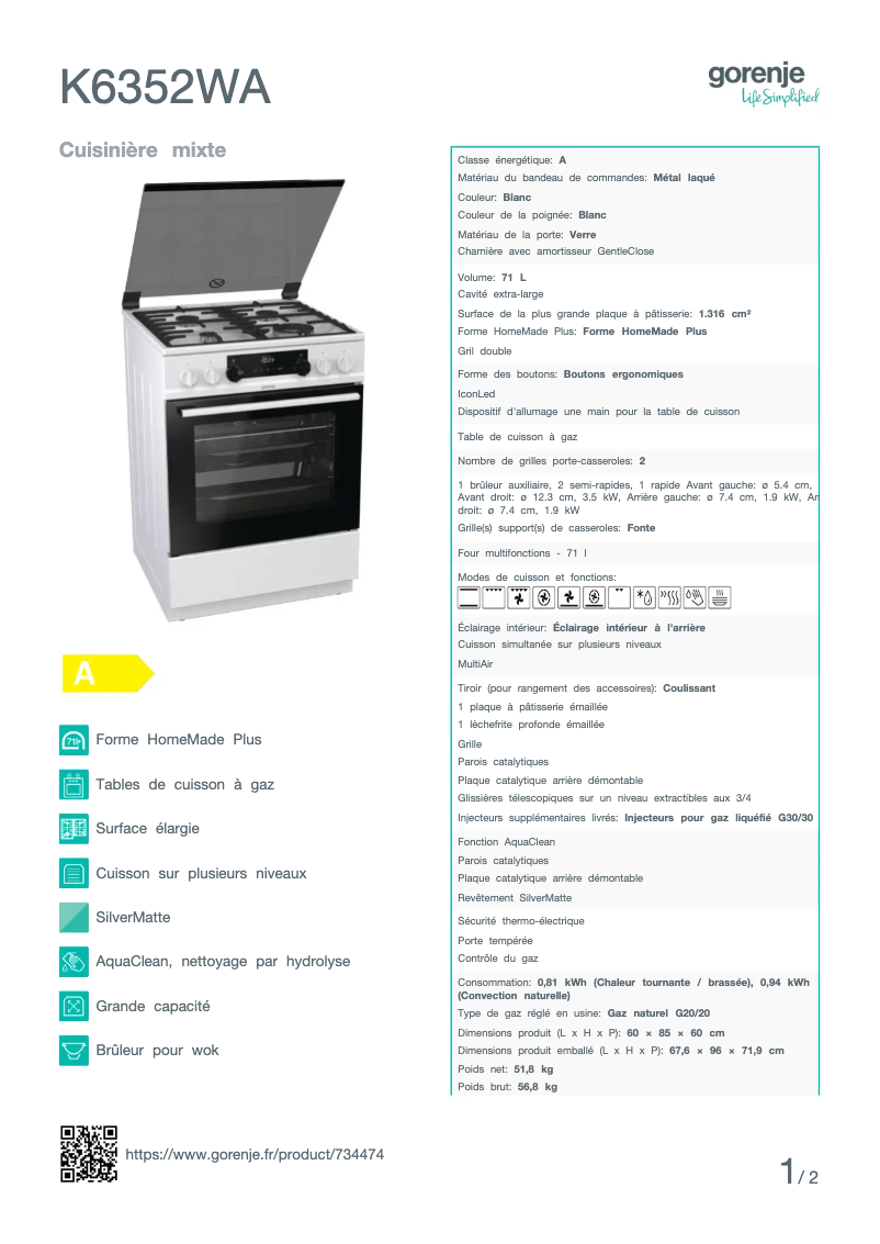 Page n°1 - Fiche technique Gorenje K6352WA