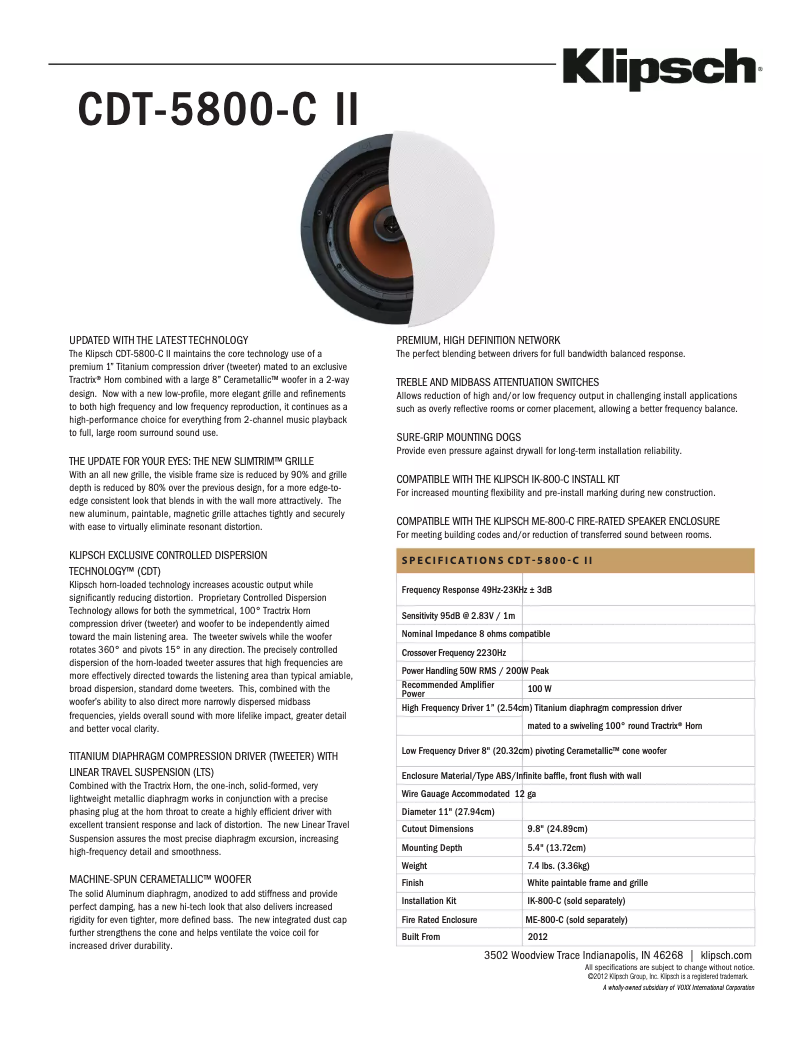 Page n°1 - Fiche technique Klipsch CDT-5800-C