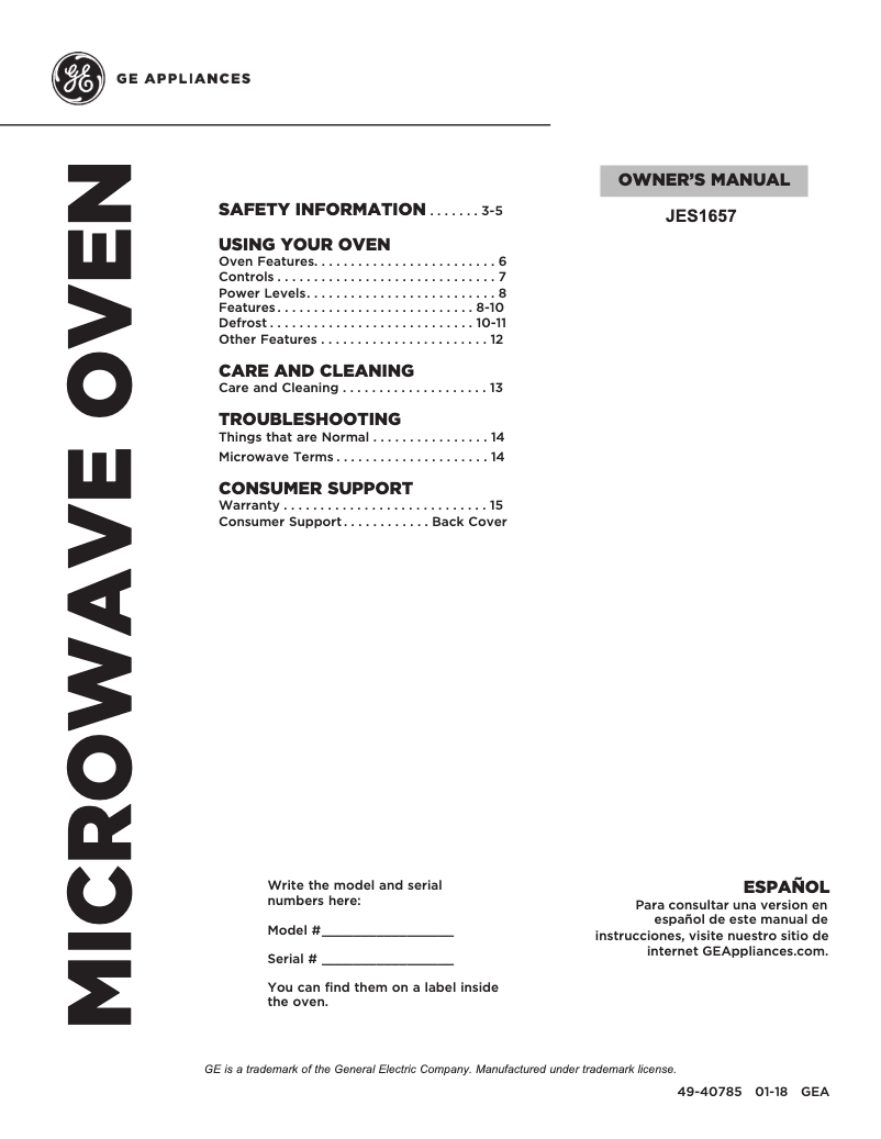 Page 1 of the manual User Manual GE JES1657BMTS