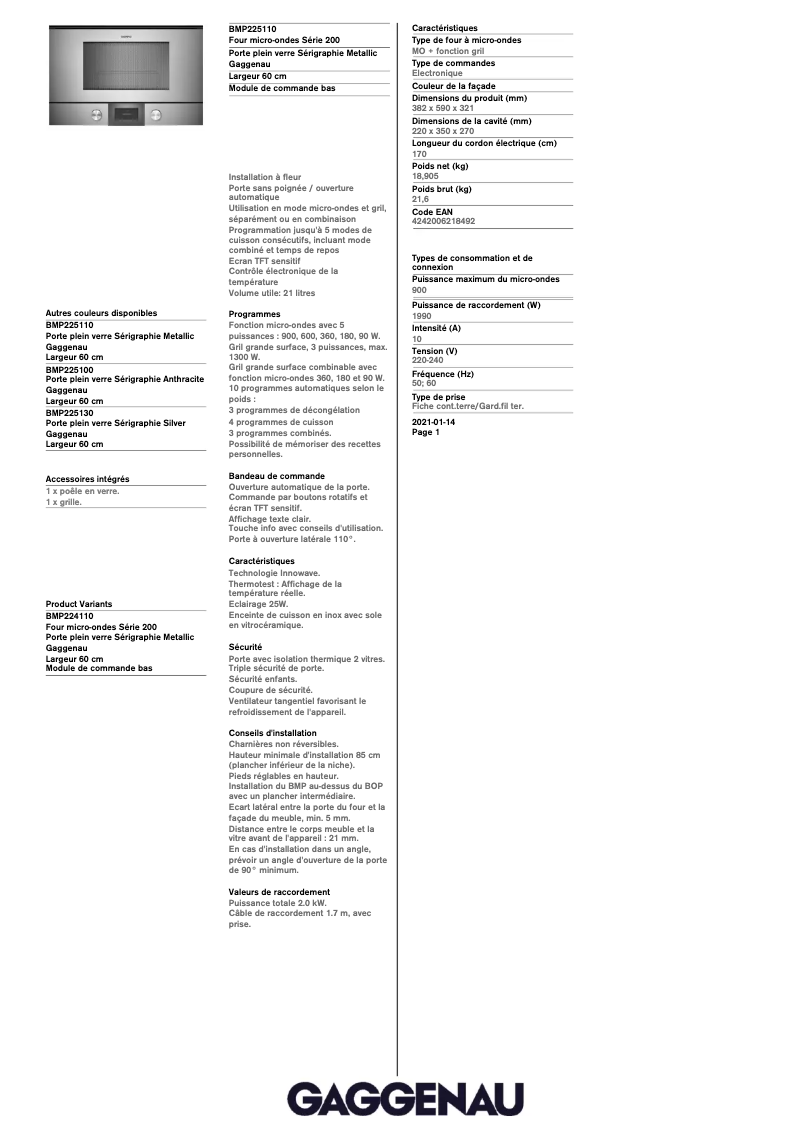 Page 1 de la notice Fiche technique Gaggenau BMP225110
