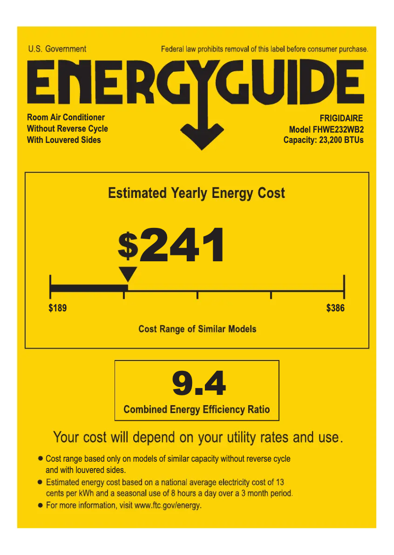Page 1 de la notice Label énergétique Frigidaire FHWE232WB2