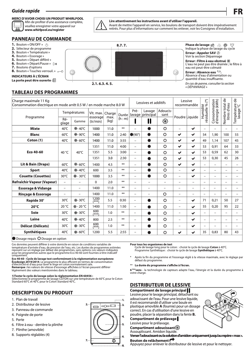 Page 1 de la notice Manuel utilisateur Whirlpool FFD 11469 SBSV MA