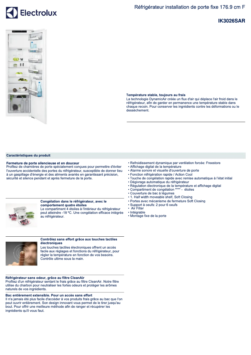 Page 1 de la notice Fiche technique Electrolux IK3026SAR