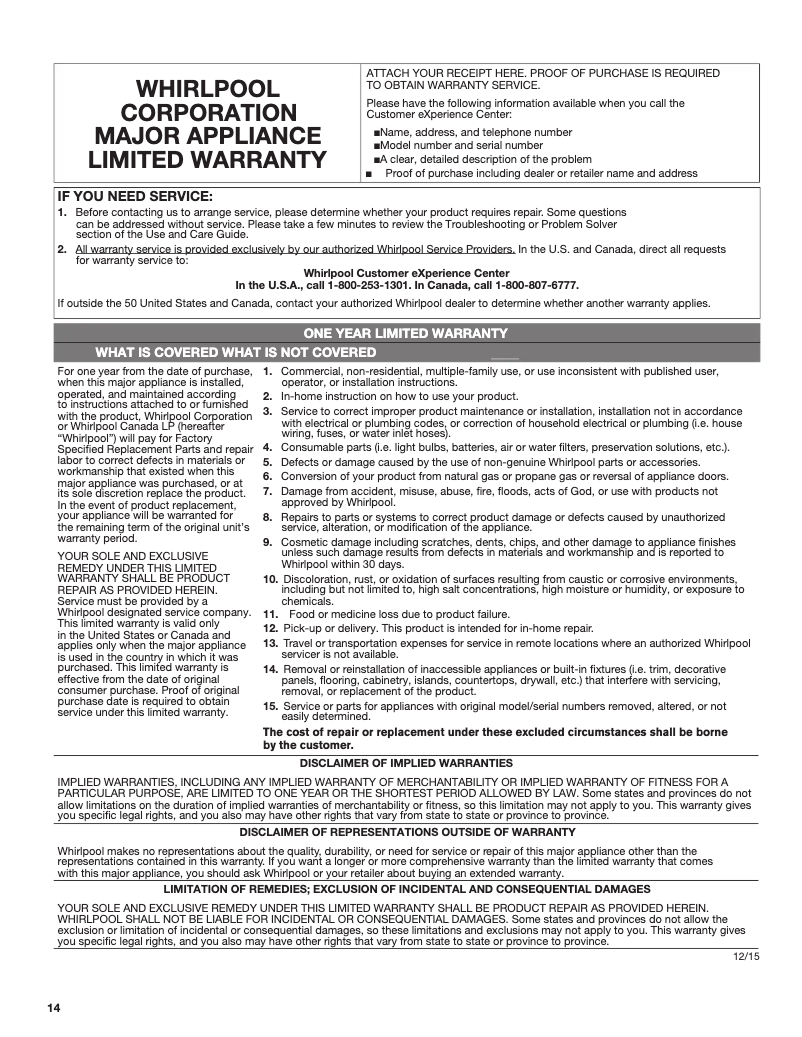 Page 1 de la notice Informations de garantie Whirlpool WVW51UC6HV